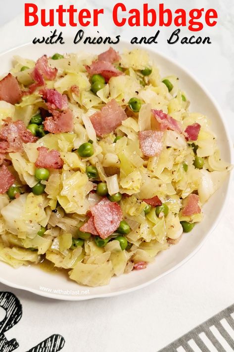 This Butter Cabbage with onions and peas recipe is always a side dish winner ! So buttery and loaded with bacon and vegetables – perfect to serve with most meals Buttery Cabbage Recipe, Butter Cabbage Recipes, Butter Cabbage, Cabbage Dishes, Boiled Cabbage, Buttered Cabbage, Cabbage Recipe, Cabbage And Bacon, Cooked Cabbage