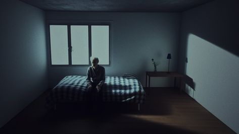 Existentialism Photography, Empty Apartment Aesthetic, San Core, Bachelor Flat, Laying Down, Jackson Core, Space Character, Men Apartment, Dark Bedroom