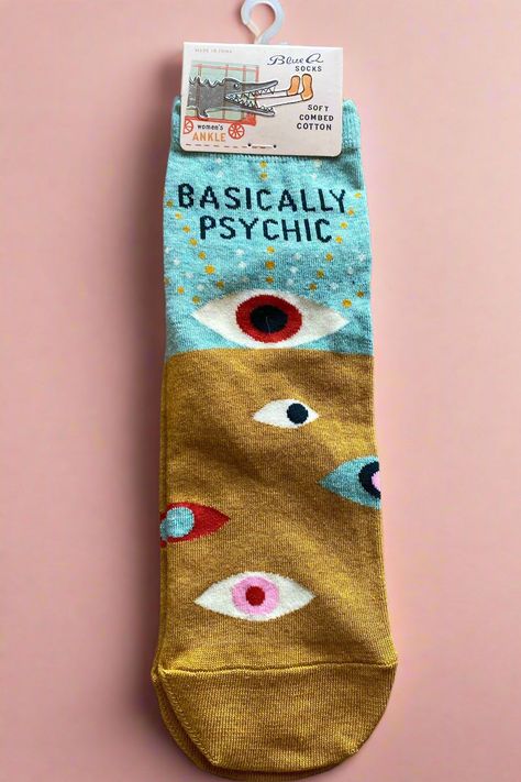 A pair of women’s ankle socks in mustard yellow and light teal that say “Basically Psychic”. Ankle Socks Women, Ankle Socks, Playful Design, Psychic, Combed Cotton, Socks, Women Shoes, Spandex, Blue