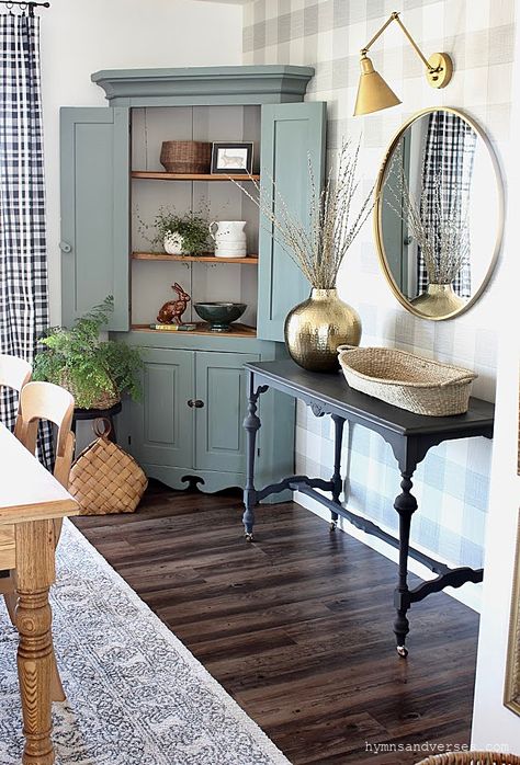 Dining Room Corner Cabinet Ideas, Decorating A Cabinet In Living Room, Corner Cabinet Styling, Corner Cabinet Decor Ideas, Antique Corner Cabinet Makeover, Vintage Corner, Corner Cabinet Ideas Dining, Dining Room Corner Hutch, Corner Shelf Dining Room