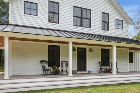 Modern Farmhouse With Wrap Around Porch, Wraparound Porch Farmhouse, Cross Gable Roof, Farmhouse With Wrap Around Porch, Modern Farmhouse Front Porch, Coastal Modern Farmhouse, Douglas House, Farmers Porch, Back Porch Designs