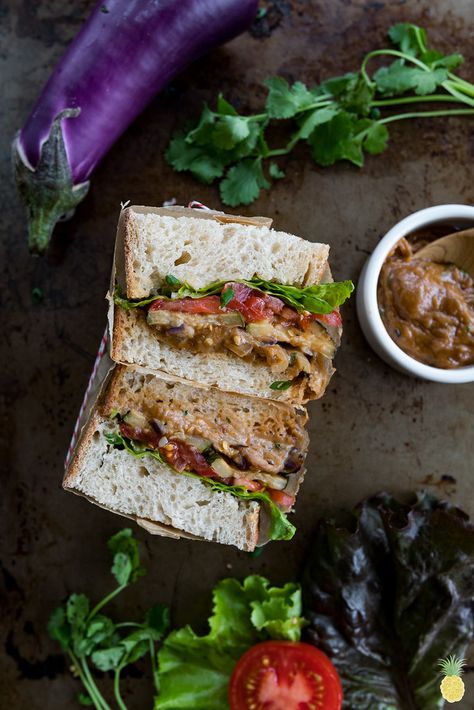 Thai Peanut Roasted Veggie Sandwich {easy oil-free} Peanut Sandwich, Roasted Veggie Sandwich, Veggie Marinade, Vegetarian Gourmet, Oven Roasted Eggplant, Vegan Blt Sandwich, Sandwich Easy, Vegan Sandwich Recipes, Avocado Sandwich