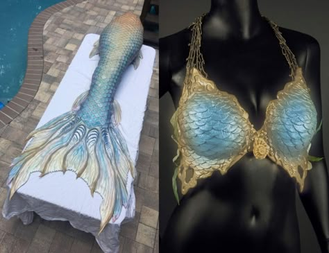 Blue And Gold Mermaid Tail, Silicon Mermaid Tails, Mermaid Top Aesthetic, White Mermaid Top, Mermaid Tails Aesthetic, Mermaid Tail And Top, Mermaid Tail Aesthetic, Mermaid Tail Blue, Mermaid Tail Designs