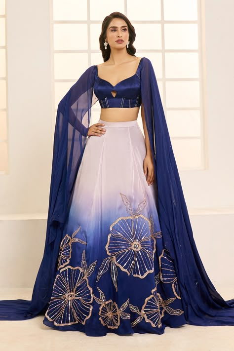 Buy Purple Satin Organza Ombre Floral Embroidered Lehenga With Blouse For Women by Masumi Mewawalla Online at Aza Fashions. Lehenga With Blouse, Suit Neck Designs, Lehenga Pattern, Haldi Outfits, Latest Bridal Lehenga, Trendy Outfits Indian, Wedding Lehenga Designs, Gaun Fashion, Padded Blouse