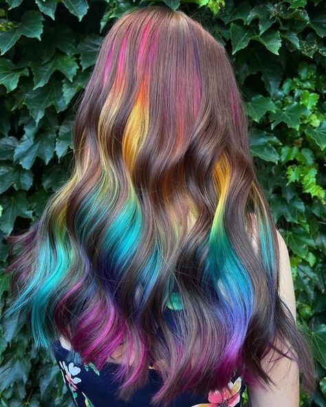 PRAVANA on Instagram: “chocolate covered rainbow drops 🌈🍫 | @kayla_boyer used @pravana ChromaSilk Blended Neutrals 2 parts 6NT, and 1 part 7Nta for the brunette,…” Fun Color Balayage Hair, Rainbow Hair Highlights, Burnette Hair, Hidden Rainbow Hair, Peekaboo Hair Colors, Peekaboo Hair, Rainbow Hair Color, Creative Hair Color, Cute Hair Colors