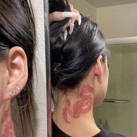 Dragon Neck Tattoo, Ink Tattoo Design, Red Tattoo Ideas, Red Ink Tattoo, Line Tattoo Ideas, Red Tattoo, Dragon Tattoo For Women, Muster Tattoos, Tattoos For Black Skin