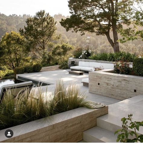 Modern Italian Landscape Design, Modern Evergreen Landscape, Modern Mediterranean Pool Landscape, European Backyard With Pool, Olive Tree By Pool, Wabi Sabi Pool Area, Modern Outdoor Patio, Garden Pool, Garden Landscape Design