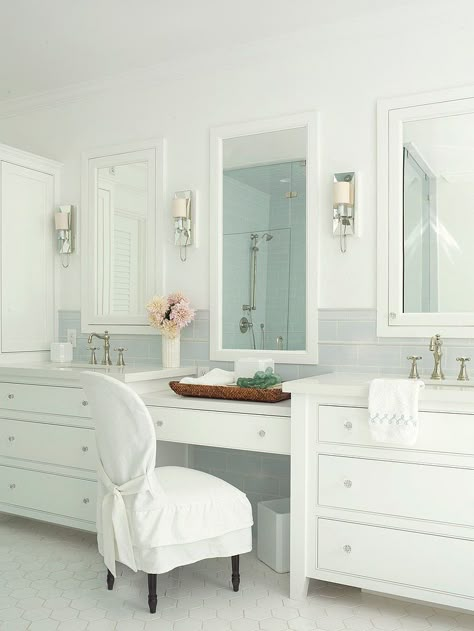 Bathroom Island, Painting Bathroom Cabinets, Master Bath Ideas, Bad Inspiration, Master Bathrooms, White Vanity Bathroom, Vanity Chair, 아파트 인테리어, Master Bath Remodel