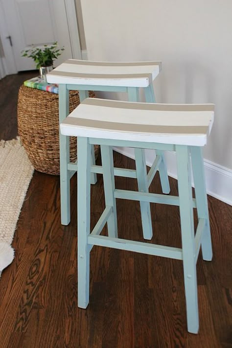 DIY Painted Furniture Makeover. Saddle Seat Bar Stools Get a Fresh Look. Perfect for Coastal, Lake and Beach Chic Home Decorating Styles! Refresh Restyle Coastal Bar Stools, Saddle Seat Bar Stool, Deco Marine, Saddle Seat, Coastal Living Rooms, Decorating Styles, Nautical Home, Painting Furniture Diy, Household Furniture