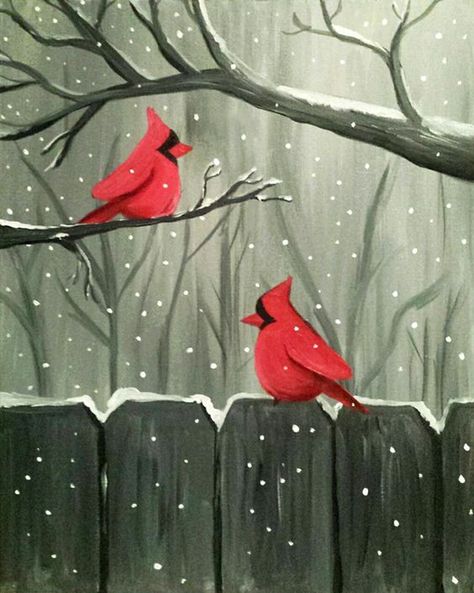 Wine And Canvas, Christmas Paintings On Canvas, Paint Nite, Winter Painting, Christmas Canvas, Paint And Sip, Night Painting, Winter Art, Red Birds