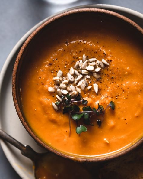 Carrot, pumpkin and sweet potato soup | Cooking with Pree Pumpkin Carrot Soup, Pumpkin Sweet Potato, Carrot Pumpkin, Sweet Potato Soup Recipes, Stove Top Recipes, Veggie Stock, Eat Veggies, Healthy Instant Pot Recipes, Instant Pot Soup