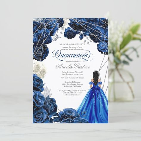 Quinceañera Regal Royal Blue & Silver w Gown Invit Invitation - tap to personalize and get yours #Invitation #quinceanera #invitation, #sweet #15, #girl Chambelanes Outfits Quinceanera Blue, Blue Quinceanera Ideas, Chambelanes Outfits Quinceanera, Royal Blue Quince, Mexican Quinceanera Dresses, Quince Invitations, Quince Decorations, Blue Quince, Quinceanera Invitation