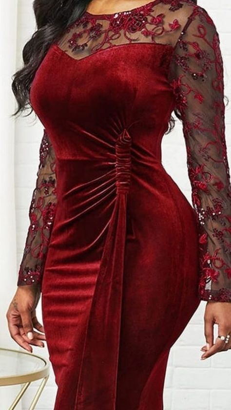 Wine Dress Outfit Wedding, Lace Short Gown Styles, Latest Gown Styles, Lace Dress Classy, Short Gown Styles, Elegant Mother Of The Bride, Sleeved Velvet Dress, Sewing Wedding Dress, Dinner Dress Classy