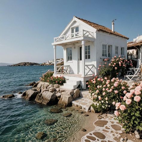 Light Blue Houses, Small Beach Houses, Cute Cottages, Dream Life Goals, Live Drawing, Dream Beach Houses, Sea House, House By The Sea, She Sheds