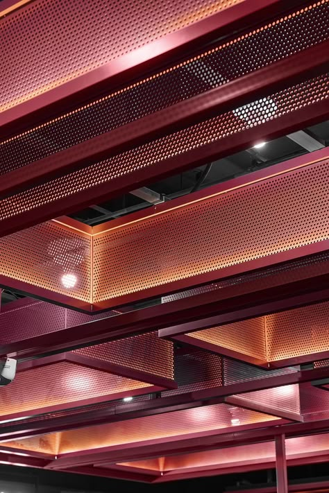 Ceiling Design Restaurant, Mesh Ceiling, Restaurant Ceiling, Architecture Ceiling, Office Ceiling, Architectural Lighting Design, Ceiling Detail, Ceiling Treatments, Lighting Design Interior