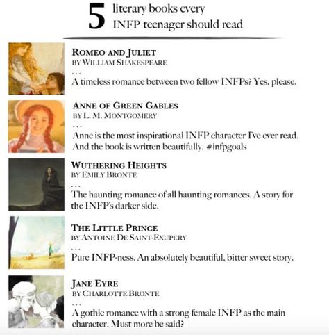 5 literary books every INFP teenager should read -- I especially love The Little Prince. Growing up is still a big deal for me, so yeah. Infp Books To Read, Infp Look Book, Books For Infps, Infp Booklist, Literary Books, Infp Aesthetic, Infp 4w5, Meyers Briggs Personality Test, Infp Things