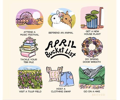 April Bucket List, April Aesthetic, Spring Bucket List, Spring Activity, Monthly Activities, Tbr Pile, Clothing Swap, Spring Activities, Bucket Lists