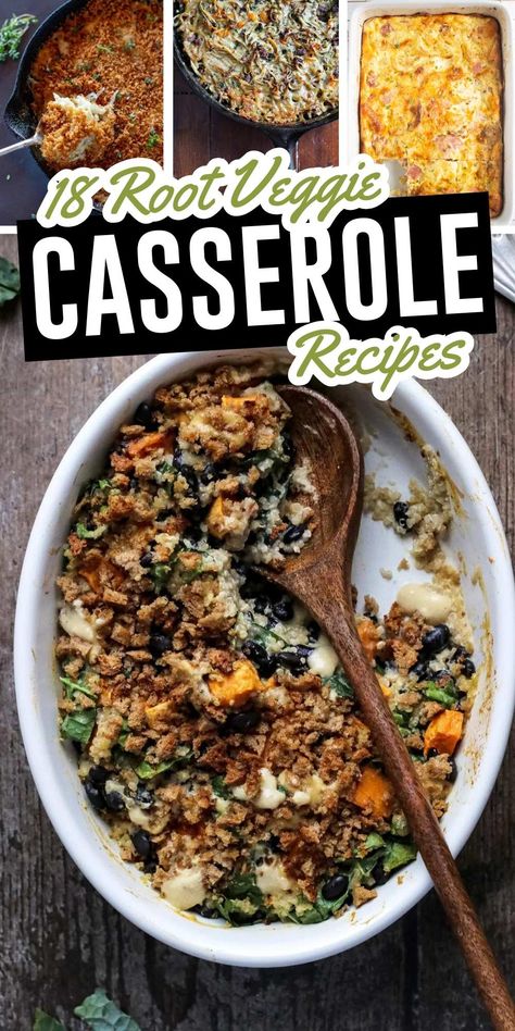 Make a hearty casserole with root vegetables. From sweet potatoes to rutabagas and carrots, these casseroles will help you use a variety of winter vegetables. Root Vegetable Casserole Recipes, Recipes With Root Vegetables, Root Veggie Recipes, Root Vegetable Casserole, Root Vegetable Recipes, Veggie Casserole Recipes, Vegan Casserole Recipes, Carrot Casserole, Vegetable Bake Recipes