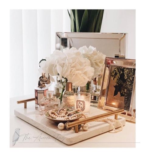 Canary & Grey on Instagram: “The Aurora Tray #dressingtabledecor #perfumetray #jewelrytray #elegant #femininestyle #feminineinteriors #dressingtable #stonetrays…” Perfume Tray Decor, Table Organization, Dressing Table Organisation, Dressing Table Decor, Perfume Tray, Bathroom Design Decor, The Aurora, Jewelry Tray, Design Decor