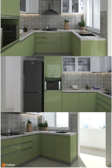 [CommissionsEarned] This Modular Kitchen Is Stunning And Fresh With A Pear Green And White Palette. The Acrylic Cabinets Are Reflective, Making The Space Stylish And The Moroccan Backsplashes Add A Character. This U-Shaped Kitchen Is Compact Yet Quite Functional With Everything You Need Fit Right In. #acrylicmodularkitchendesign Acrylic Modular Kitchen Design, Modular Kitchen Design L Shape, Latest Kitchen Designs Modern, U Shaped Modular Kitchen Design, Green And White Palette, Modular Kitchen Interior Design, Kitchen Design Indian, Latest Modular Kitchen Design, L Shaped Modular Kitchen