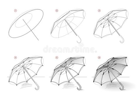 Page shows how to learn to draw sketch of open umbrella. Creation step by step pencil drawing. Educational page for artists. Textbook for developing artistic vector illustration Umbrella Drawing, Open Umbrella, Lace Drawing, Basic Drawing, Draw Sketch, Quality Pictures, Step By Step Drawing, Drawing Tips, Drawing Techniques