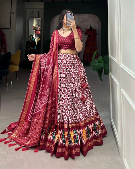 Price : 1500 #apex__outfit Celebrate in style with the opulent beauty of Tussar silk. Our lehenga choli is perfect for making unforgettable memories in classic elegance 🥰 Lehenga(Stitched) : Lehenga Fabric : Tussar Silk Lehenga Work : Ikkat Print With Foil Work Lehenga Waist : SUPPORTED UP TO 42 Lehenga Closer : Drawstring With Heavy Tassels and Zip Stitching : Stitched With Canvas and attached with Can Can Length : 41 Flair : 3.80 Meter Inner : Micro Cotton Blouse(Unstitched) : Blouse fa... Ikkat Print, Zip Stitching, Silk Blouse Work, Silk Lehenga Choli, Cotton Lehenga, Lehenga Designs Simple, Stitched Lehenga, Lehenga Blouse Designs, Lehenga Fabric