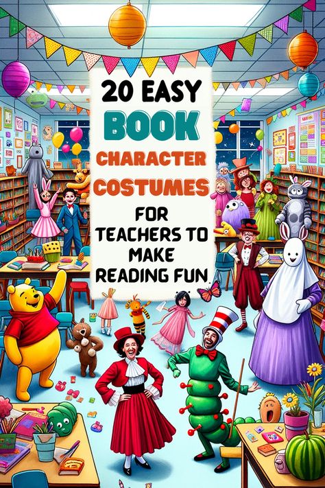 Discover 20 easy DIY book character costumes for teachers on MultiplicationHustle.com! Transform your classroom into a literary haven as you step into the shoes of iconic characters. From Matilda to Nancy Drew, these simple costume ideas are perfect for sparking a love for reading among students. Each costume is a doorway to a whimsical educational journey. Dive into the imaginative world of books with your students and make learning a fun, engaging experience! #TeacherCostumes #Literacy Literacy Costumes Book Characters, Literary Character Costumes For Teachers, Diy Story Book Character Costumes, Book Character Diy Costumes, Children Book Costumes For Teachers, Easy Teacher Book Character Costumes, Book Characters For Teachers, Book Characters Halloween Costumes, Dress Like Your Favorite Book Character For Teachers