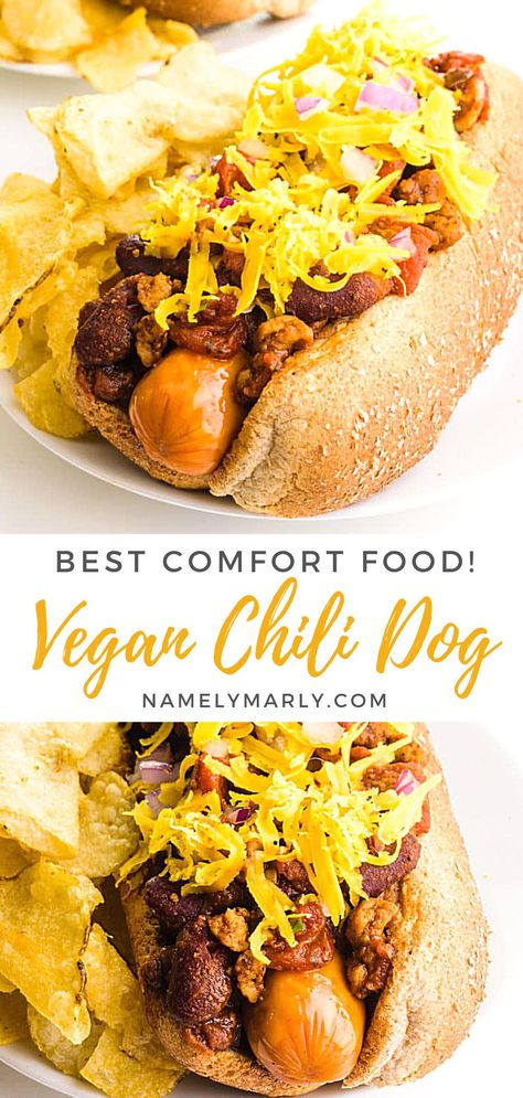 This savory vegan Chili Dogs recipe will make your family dinners more special! Imagine a veggie hot dog in a bun, topped with veggie chili, vegan cheese, and onions! So good!  #chilidogs #veganhotdogs #namelymarly Vegan Chilli Cheese Dogs, Vegan Chili For Hotdogs, Vegan Chili Cheese Dogs, Vegan Hot Dog Chili, Vegan Chili Dogs, Vegan Hotdogs, Vegetarian Hot Dog, Veggie Hot Dog, Chili Cheese Hot Dog