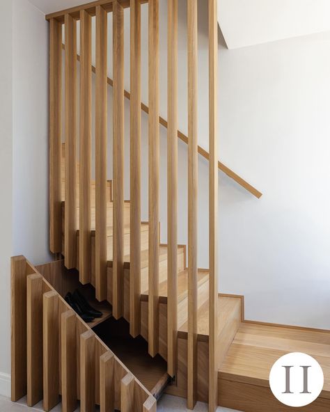 Every inch of storage matters when faced with the challenge of downsizing our clients from an 8-bedroom to a 3-bedroom house…. This bespoke oak staircase features a contemporary geometrical clean-line timber-slat wall with cleverly concealed shoe storage. #HomeRenovation #SpacePlanning #CustomFurniture #interiorarchitecture #interiordesignercheshire #bespokejoinery #contemporaryinteriors #oakstairs #stairstorage #interiordesigner #homeremodeling Oak Staircase, Types Of Stairs, Wall Railing, Timber Slats, Oak Stairs, Patio Interior, Stair Storage, Slat Wall, Mild Steel