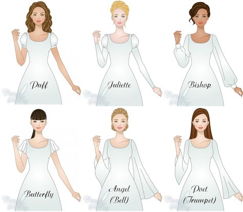 Sleeves: Puffed & Draped | puff | juliette | bishop | butterfly / cape | angel / bell | poet / trumpet Wedding Dress Juliet Sleeves, Detachable Bell Sleeves, Juliet Sleeve Top, Angel Sleeve Sewing Pattern, Cape Sleeve Dress Patern, Wing Sleeve Dress, Angel Sleeve Dress, Poet Sleeve, Angel Sleeves Dress