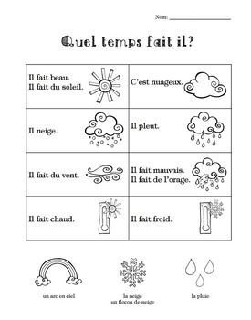 BEGINNER FRENCH COLOURS REFERENCE WORKSHEET (NOW WITH 2 BONUS WEATHER PAGES!) French Preschool Activities, French Weather, French Colours, Beginner French, Learning French For Kids, French Flashcards, French Clothing, French Worksheets, French Teaching Resources