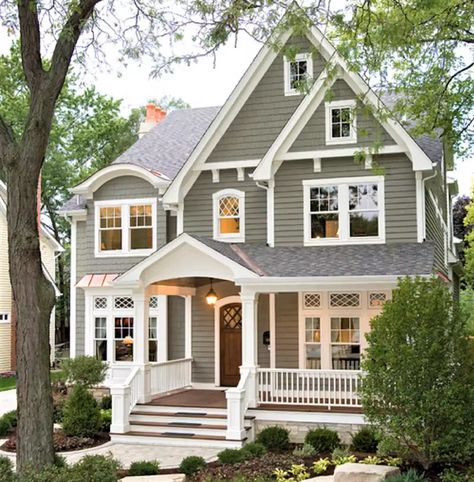 Grey Exterior House Colors, Green Roof House, White Farmhouse Exterior, Gray House Exterior, Best Exterior Paint, Farmhouse Exterior Design, Gray House, Glass Railings, Exterior House Color