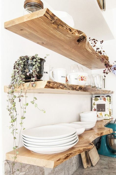 Floating Kitchen Shelves, Diy Shelf Brackets, Live Edge Shelves, Rustic Kitchen Island, Floating Shelves Diy, Diy Kitchen Island, Trendy Bathroom, Diy Shelves, Kitchen Shelves