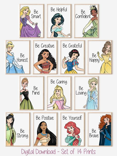 Set of 14 Princesses With Affirmation DIGITAL Prints, Girl Bedroom Wall Art, Princess Themed, Be Kind, Be Brave, Be Yourself, Empowerment - Etsy Princess Kids Room, Disney Themed Bedrooms, Disney Princess Room Decor, Girl Bedroom Wall Art, Girls Princess Bedroom, Disney Princess Bedroom, Disney Princess Room, Disney Princess Theme, Princess Wall Art