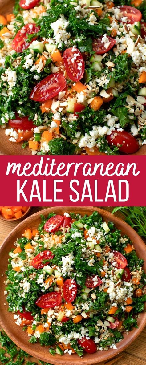 kale salad with feta, tomato, cucumber, bell pepper, and sliced almonds with greek lemon dressing Lunch Ideas With Kale, Kale Greek Salad Recipes, Greek Salad With Kale, Kale Salads For Lunch, Quinoa And Kale Salad Recipes, Kale Tomato Cucumber Salad, Kale And Tomato Salad, Kale Mozzarella Salad, Kale Mediterranean Salad