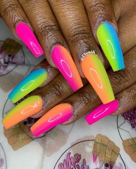 Rainbow Nail Art Designs, Bright Nail Designs, Rainbow Nails Design, Summer Nail Colors, Neon Acrylic Nails, Rainbow Nail Art, Neon Nail Designs, Plain Nails, Pointed Nails