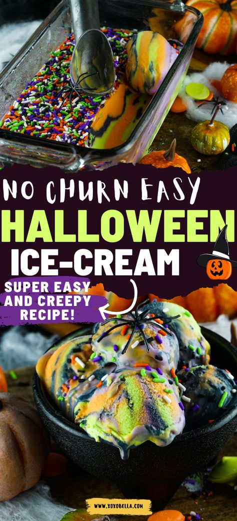 Halloween No Churn Ice Cream, Halloween Ice Cream Sundae, Halloween Ice Cream Bar, Halloween Ice Cream Ideas, Halloween Ice Cream Cake, Halloween Ice Cream Party, Zombie Ice Cream, Spooky Ice Cream, Ice Cream Halloween