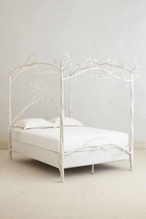 I yearn to play Sleeping Beauty in this Anthropologie Forest Canopy Bed: Slumber in an enchanted wood and dream of ancient incantations as hand-forged iron branches cast their leafy net high above your head.  Such a fairy tale princess dream bed! Forest Canopy Bed, White Metal Bed, Hanging Furniture, Fall Bedding, Forest Canopy, Dreams Beds, Top Beds, Metal Bed, Canopy Bed