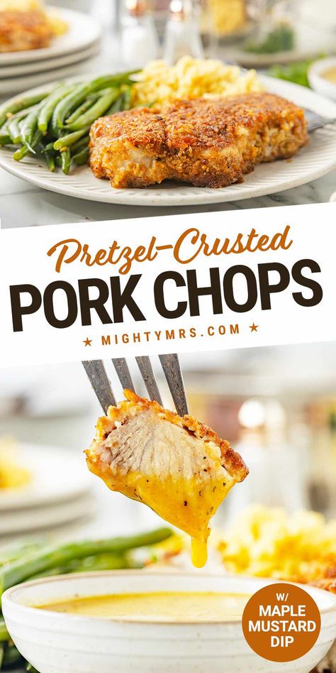 Moist inside, crispy on the outside. These pretzel-crusted pork chops are served with with a tangy dip for the ultimate fall comfort food that easy to make. Battered and dipped in crunchy crushed pretzels and served with a Dijon mustard and maple syrup, apple cidar vinegar sauce. YUM. Try this recipe for a delicious but simple weeknight dinner. Serve with string beans and rice or your choice of sides. Pretzel Crusted Pork Chops, Clean Eating Pork Chops, Apple Cidar, Maple Sauce, Crusted Pork Chops, Vinegar Sauce, Mustard Dip, Breaded Pork Chops, Seared Pork Chops