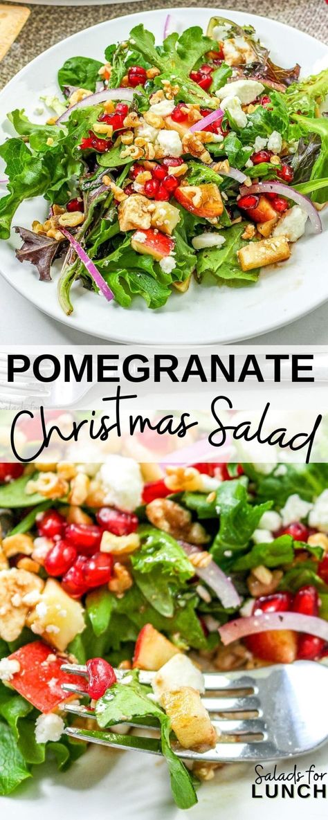 Winter Salad Recipes Pomegranate, Holiday Salad Pomegranate, Lettuce Pomegranate Salad, Vege Salad Recipes, Green Salad Christmas, Christmas Pomegranate Salad, Christmas Salad With Pomegranate Seeds, Trader Joes Salad Recipe, Christmas Green Salad Recipes