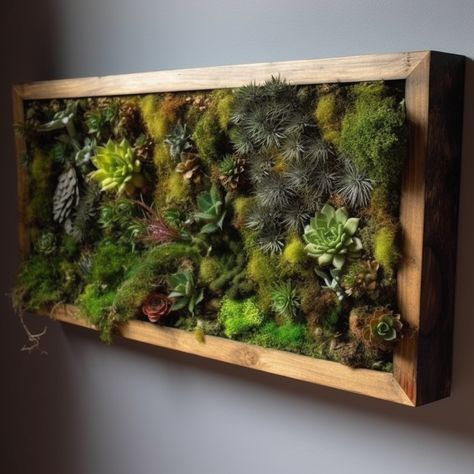 Moss wall in giant frame against brick wall, textured moss and succulents, boho decor ideas, green decor, decor ideas Moss And Succulent Wall, Succulent Wall Decor, Moss Gardens, Moss Planter, Boho Decor Ideas, Moss Walls, Living Wall Art, Spa Bathroom, Wall Inspiration