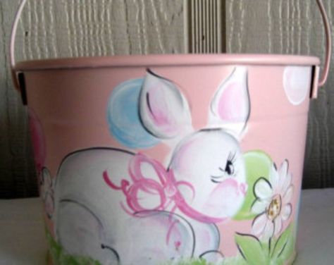 Painted Easter Baskets, Painted Buckets, Pink Easter Basket, Easter Pail, Easter Paintings, Easter Buckets, Easter Stuff, Easter Bunny Basket, Personalized Easter Bunny