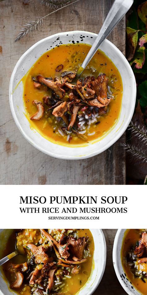 Roasted pumpkin soup with wild rice and miso mushrooms Pumpkin Rice Soup, Miso Mushrooms, Serving Dumplings, Food Polls, Roasted Pumpkin Soup, Pumpkin Mushroom, Veggie Mains, Roast Pumpkin Soup, Pumpkin Vegetable