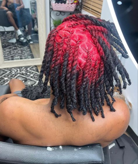 Reverse Dye Dreads, Dyed Roots On Locs, Reverse Dyed Locs, Red And Black Locs, Dyed Locs Ideas, Dread Colors, Loc Colors, Dyed Dreads, Short Dreadlocks Styles