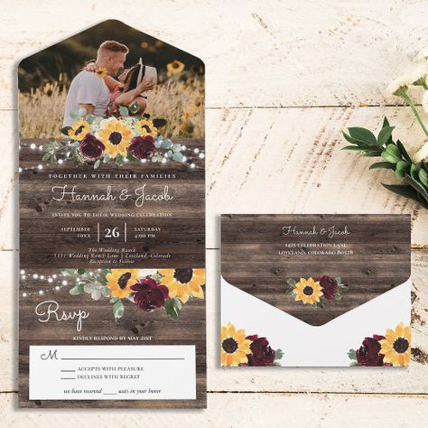 Bridal Shower Recipe Book, Rustic Sunflower Wedding, Burgundy Roses, Sunflowers And Roses, Wood Wedding Invitations, Rustic Garden Wedding, Sunflower Bridal Shower, Bridal Sunflowers, Sunflower Wedding Invitations