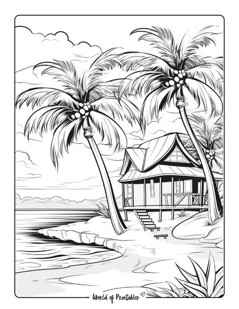 Beach Coloring Pages - World of Printables Drawing Beach, World Of Printables, Beach Coloring Pages, Sunset Canvas Painting, Penguin Coloring, School Coloring Pages, Canvas Drawing, Sandy Shores, Beach Ideas