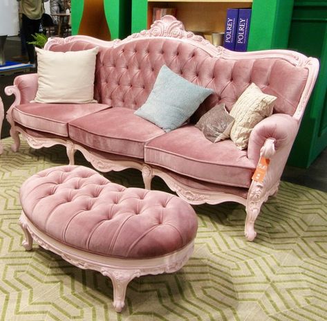 PolArt Pink Modern Victorian Ottoman and Sofa Sofa Victorian Style, Pink Victorian Couch, Modern Victorian Sofa, Vintage Pink Couch, Modern Victorian Furniture, Victorian Ottoman, Victorian Sofas, Sofa Aesthetic, Victorian Couch