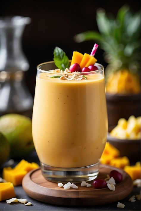 Fruit Yogurt Smoothies, Passion Fruit Smoothie, Smoothie Recipes With Yogurt, Mango Drinks, Pineapple Chunks, Frozen Mango, Weight Watchers Smoothie Recipes, Mango Lassi, Pear Smoothie