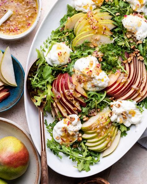 Apple Burrata Salad, Pear And Burrata Salad, Fall Burrata Salad, Pear Burrata Salad, Burrata Recipe Salad, Pear Arugula Salad, Burrata Recipe, Lentil Salad Recipes, Barley Salad