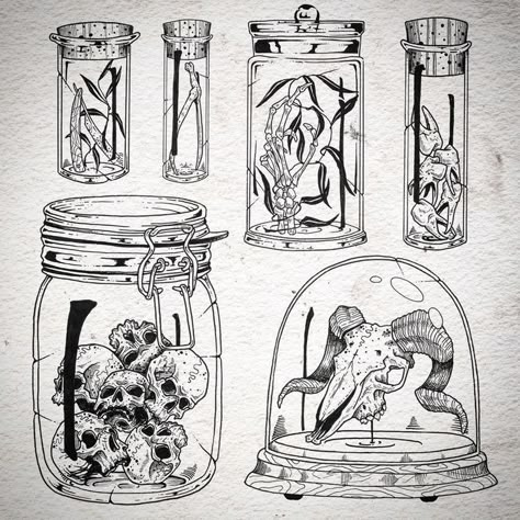 Snake In A Jar Tattoo, Things In Jars Drawing, Specimen Jar Tattoo, Glass Dome Tattoo, Vile Tattoo, Jar Drawing Illustration, Spell Jar Tattoo, Jars Tattoo, Jar Tattoo Design